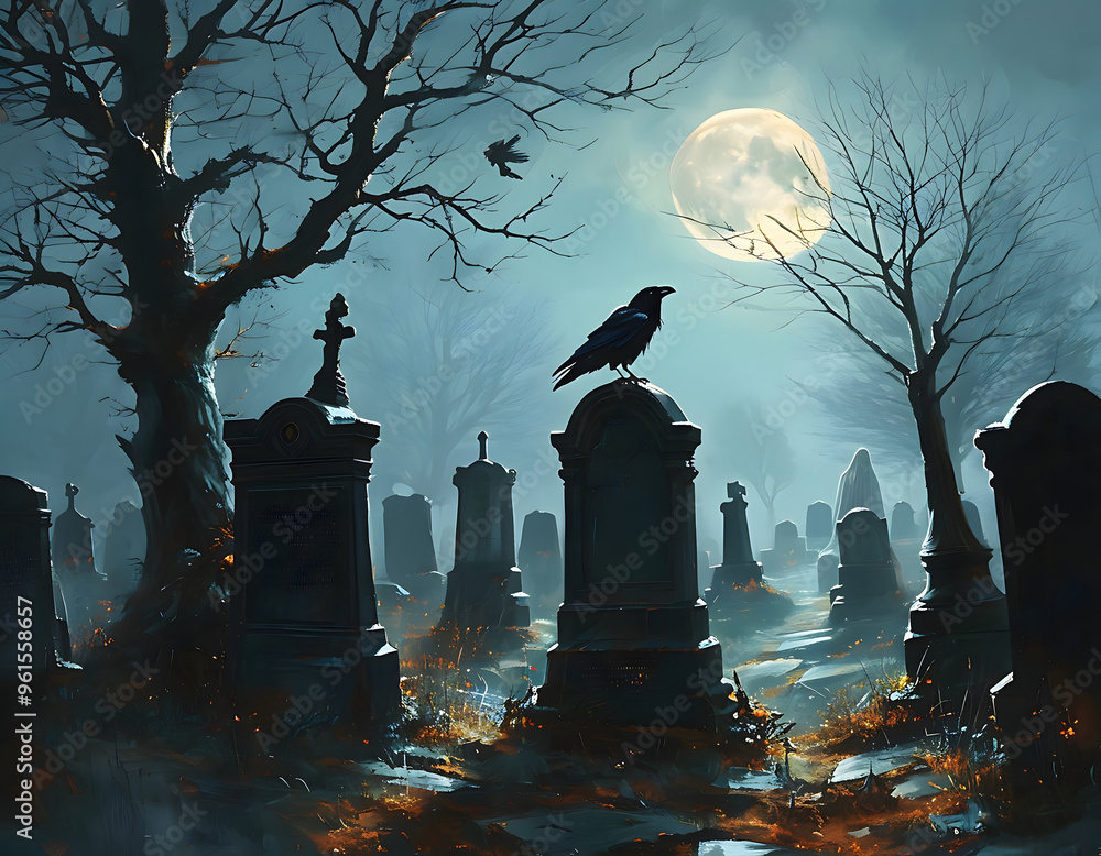 A Haunting Graveyard Under a Full Moon With a Raven Perched on a Tombstone. Generative AI A Haunting Graveyard Under a Full Moon With a Raven Perched on a Tombstone. Generative AI