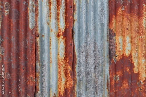 A detailed close-up of a rusty, corrugated metal wall. The texture is rough and uneven