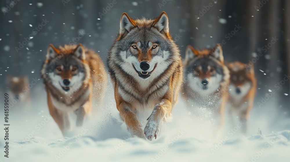 majestic wolf pack sprinting through moonlit snowy forest powerful bodies in fluid motion breath visible in frosty air eyes gleaming with determination against stark white landscape majestic wolf pack sprinting through moonlit snowy forest powerful bodies in fluid motion breath visible in frosty air eyes gleaming with determination against stark white landscape