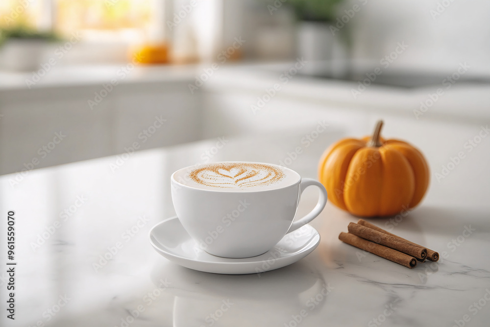 Pumpkin spice latte in a white cup and saucer on a marble countertop against a backdrop of a blurred modern kitchen Pumpkin spice latte in a white cup and saucer on a marble countertop against a backdrop of a blurred modern kitchen