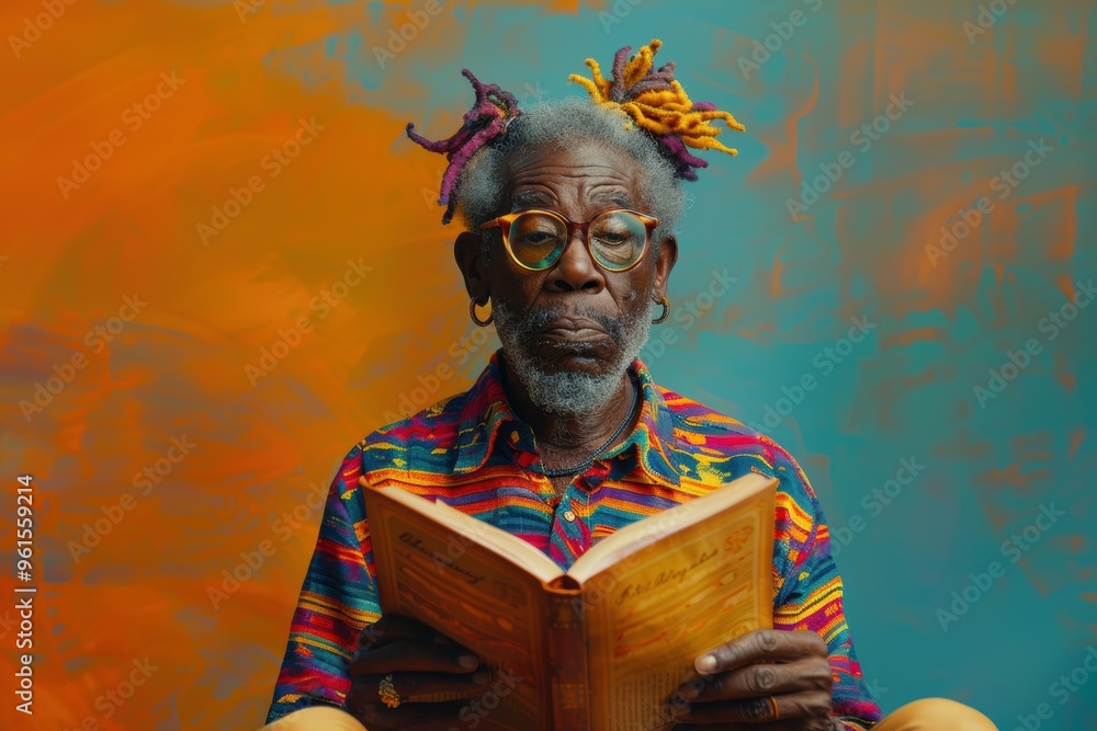 Fototapeta premium Elderly man reading the Declaration of Independence against a vibrant, colorful backdrop