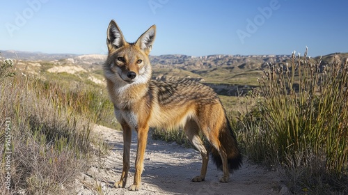 Majestic Jackal in Natural Habitat with Rolling Hills and Clear Skies Background