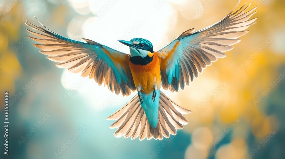 Obraz premium Detailed shot of a bird soaring gracefully close to the camera, with its wings spread wide and vibrant plumage clearly visible against a bright background.