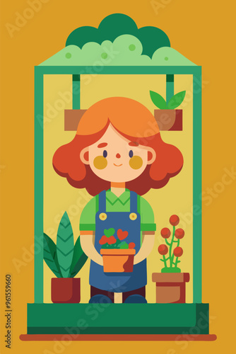 Smiling girl in greenhouse holding potted plant, depicted in creative arts