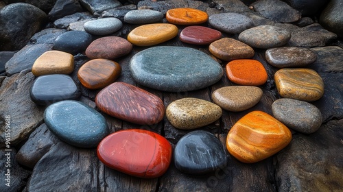 mandalainspired pebble arrangement concentric circles of smooth multicolored stones on weathered wood zenlike composition soft natural lighting enhances textures and hues photo