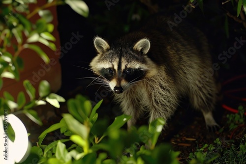 Curious raccoon exploring nighttime garden with lush greenery AI