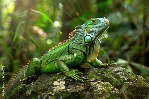 Wallpaper Mural Majestic green iguana sunbathing on a mossy rock in lush tropical forest AI Torontodigital.ca