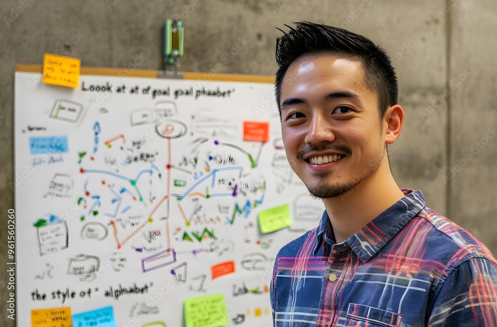 young Asian businessman is smiling while standing in front of a whiteboard young Asian businessman is smiling while standing in front of a whiteboard