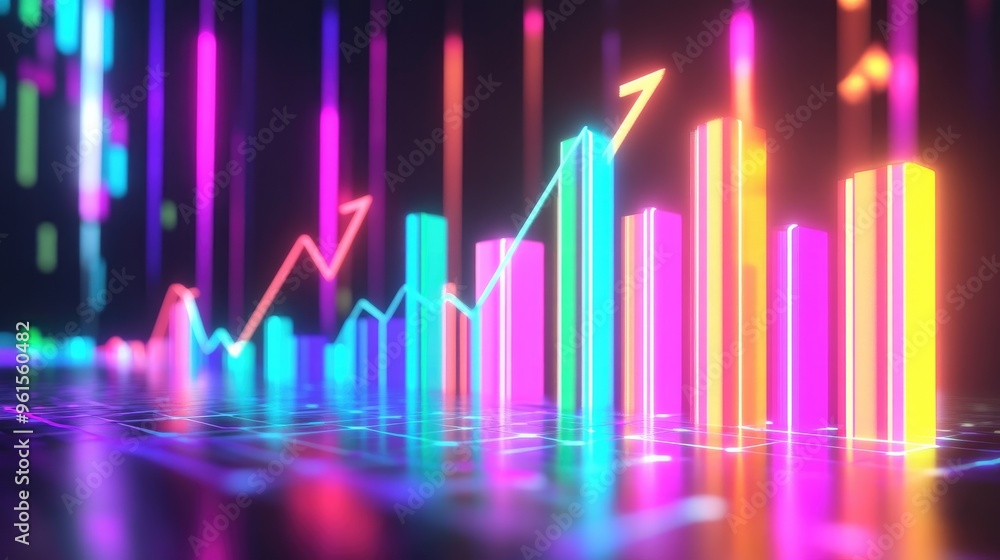 Digital 3D bar graph in vibrant neon colors, with arrows indicating upward trends. Perfect for tech, business, and financial presentations Digital 3D bar graph in vibrant neon colors, with arrows indicating upward trends. Perfect for tech, business, and financial presentations