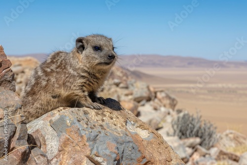 Rock hyrax on rocky outcrop in arid african landscape wildlife scene AI