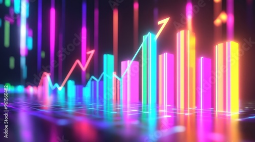 Wallpaper Mural Digital 3D bar graph in vibrant neon colors, with arrows indicating upward trends. Perfect for tech, business, and financial presentations Torontodigital.ca