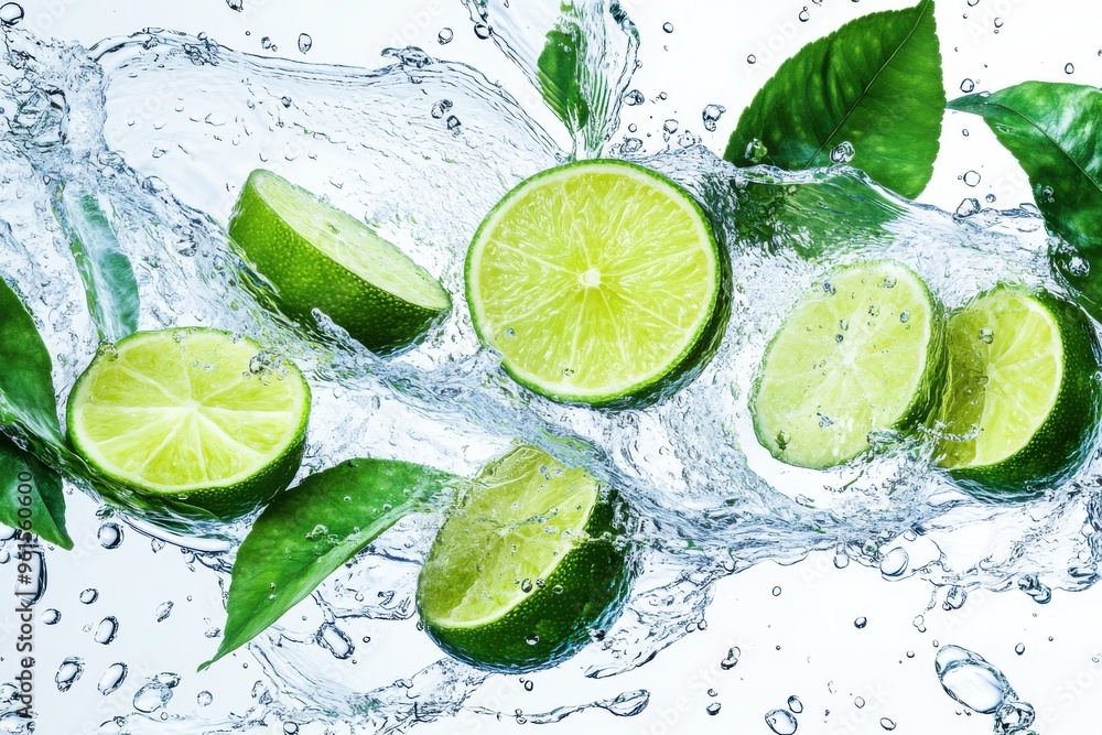 A detailed scene featuring vibrant green lime slices mid-splash in crystal-clear water A detailed scene featuring vibrant green lime slices mid-splash in crystal-clear water