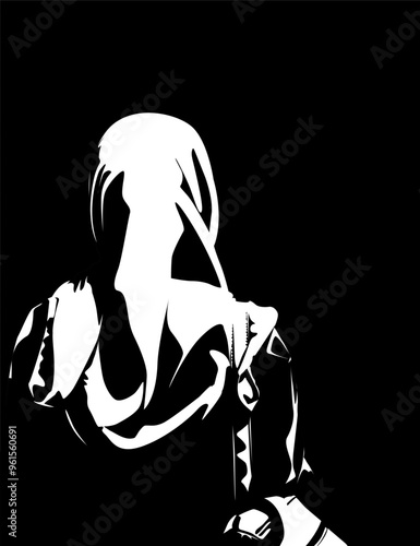 stencil, threshold, black and white, silhouette of a hijab woman carrying a backpack about to leave