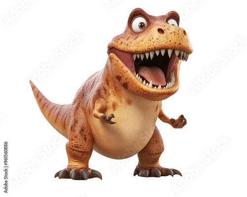 Cartoon Scene with a Happy and Funny Tyrannosaurus Dinosaur, Isolated on a Transparent PNG Background   