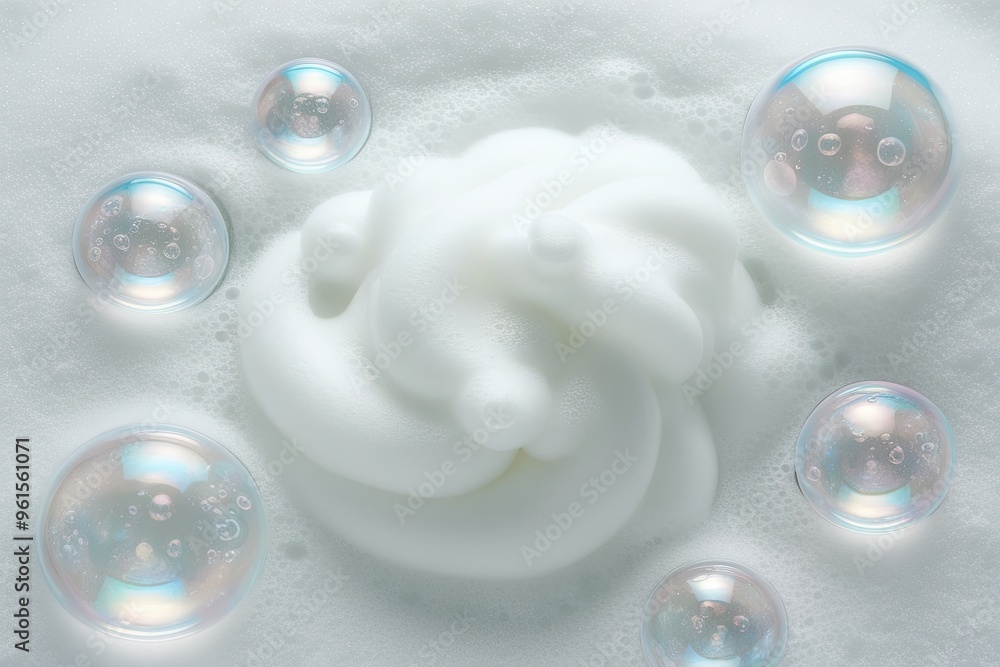 Fototapeta premium Ethereal Soap Foam and Translucent Bubbles Isolated on a Snowy White Background