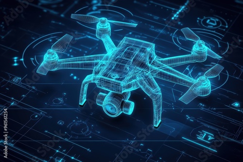 A digital blueprint of a quadcopter drone rendered in a neon blue wireframe style.