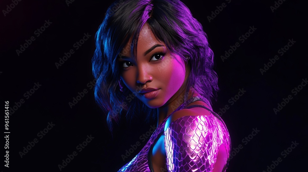 A striking portrait of a woman in neon lights showcasing vibrant colors A striking portrait of a woman in neon lights showcasing vibrant colors