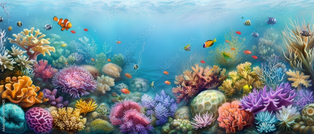 Naklejka premium corals, fish, and various seaweed with sponges