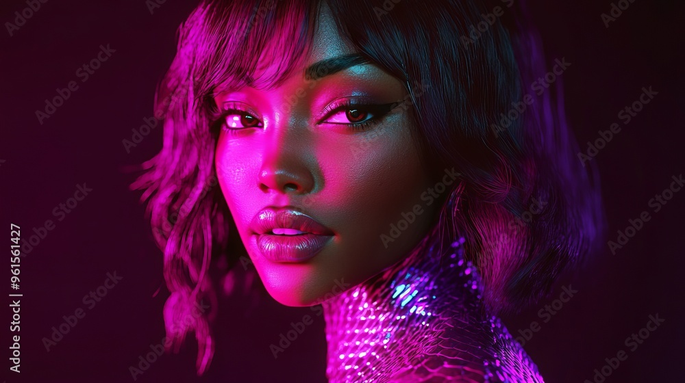 Model posing elegantly under vivid pink and purple lighting at night Model posing elegantly under vivid pink and purple lighting at night