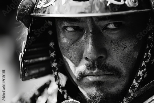 Dramatic Black and White Close-Up of Samurai in Traditional Armor at Kyoto's Jidai Matsuri photo