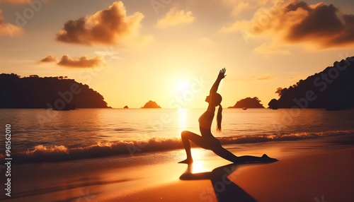 Experience the serene beauty of yoga on the beach at sunset, with a silhouette of a woman stretching her arms and legs