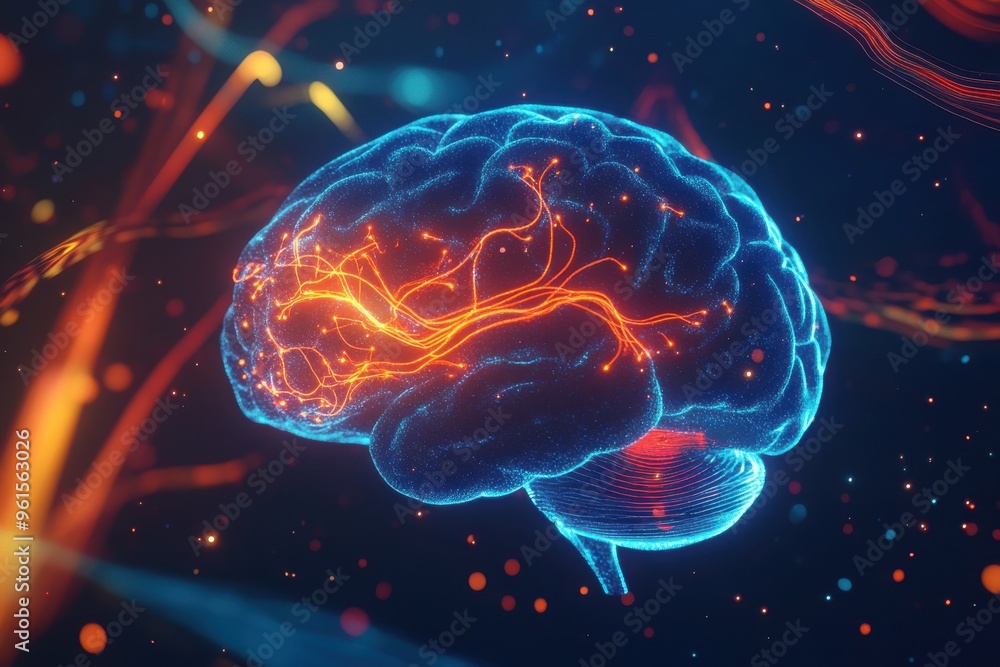 A digital representation of a human brain with glowing neural waves emanating A digital representation of a human brain with glowing neural waves emanating