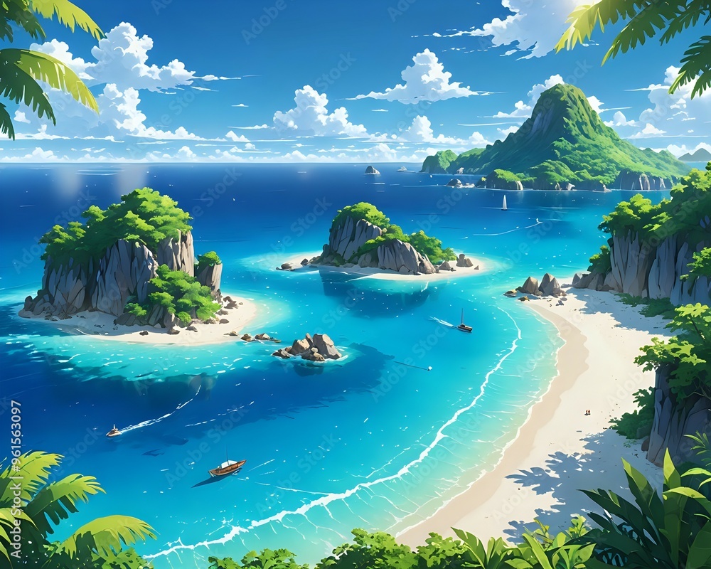 Fototapeta premium A small island is surrounded by crystal-clear blue waters, with fine white sand shimmering under the sunlight, resembling a natural paradise isolated from the outside world, anime art