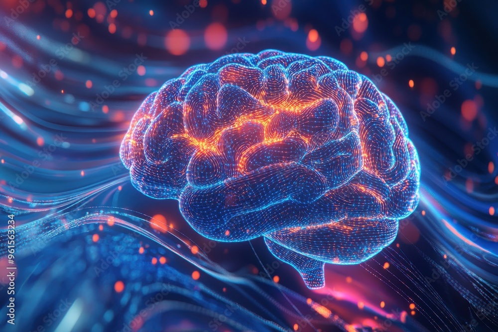 A digital representation of a human brain with glowing neural waves emanating A digital representation of a human brain with glowing neural waves emanating
