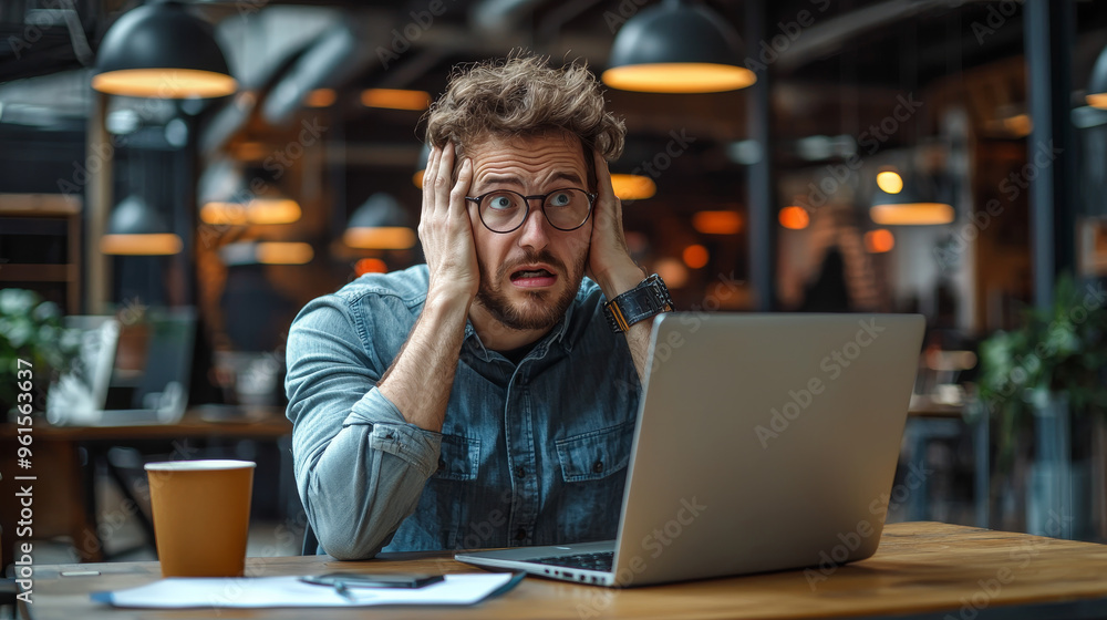 Generative ai illustration of a ashamed guy slaps face in front of his laptop