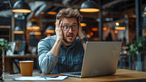 Generative ai illustration of  a ashamed guy slaps face in front of his laptop photo