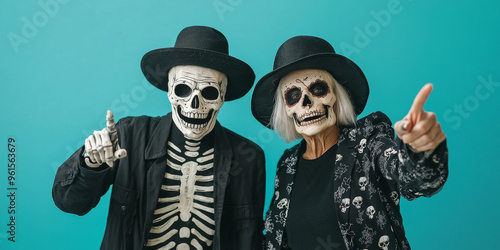 Generative ai illustration of  a aged Couple in Halloween skeleton costumes