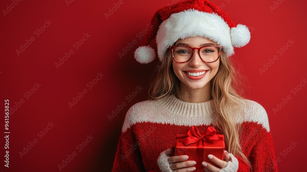 Smiling Woman in Santa Hat Holding Christmas Gift Smiling Woman in Santa Hat Holding Christmas Gift