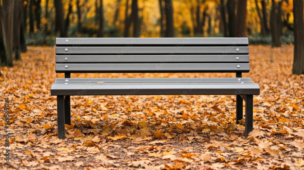 Wooden bench with brown seat sits empty on a grassy park lawn under a canopy of autumn leaves Wooden bench with brown seat sits empty on a grassy park lawn under a canopy of autumn leaves