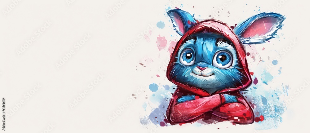 Obraz premium A blue bunny in a red hoodie holds a red mitt against its chest