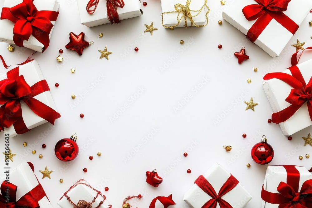 A festive arrangement of white gift boxes adorned with bright red bows and ribbons A festive arrangement of white gift boxes adorned with bright red bows and ribbons