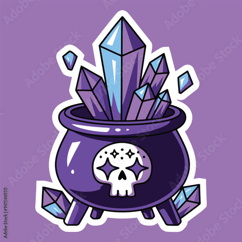 Cauldron with crystals and skull magical illustration