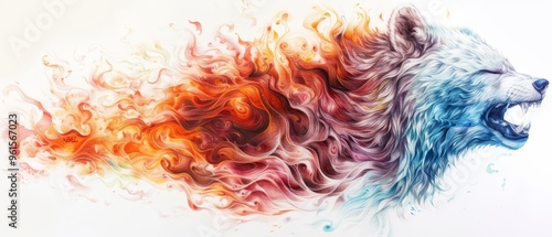  A painting of a bear's head with smoke in shades of red, orange, and blue emanating from its maw photo