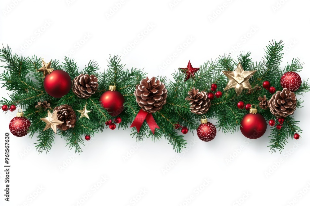 A festive Christmas garland filled with lush green pine branches, red ornaments A festive Christmas garland filled with lush green pine branches, red ornaments