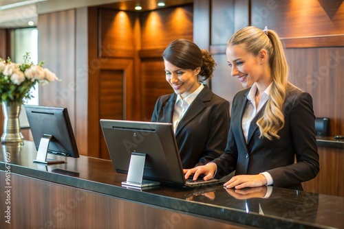 Two smiling receptionists at hotel front desk computer terminals in modern lobby