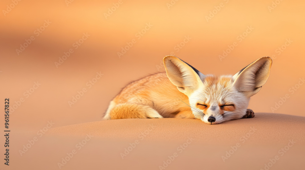 Fototapeta premium Fennec fox sleeping peacefully on a sand dune in the desert, its large ears resting against the warm sand at sunrise.