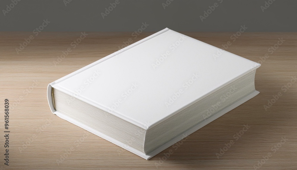 Fototapeta premium Plain white book on a wooden table, ideal for mockup designs, presentations, or as a background element.