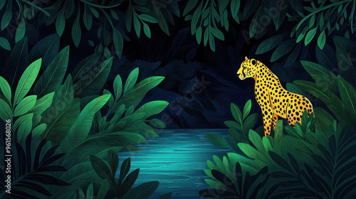 Illustrated leopard standing by a jungle river, surrounded by lush green leaves, set against a dark, dense jungle backdrop, creating a vibrant and mysterious atmosphere. photo