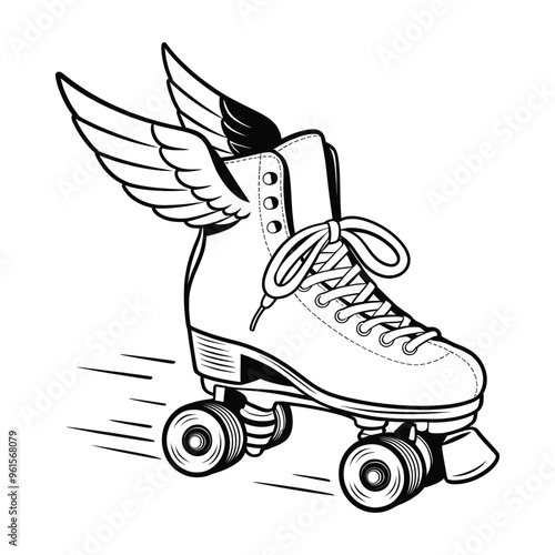 Monochromatic winged roller skate evoking swift movement illustration