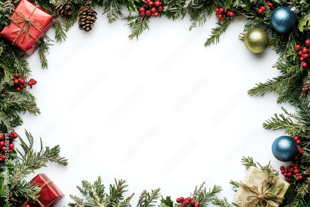 A festive garland of evergreen branches decorated with small gifts A festive garland of evergreen branches decorated with small gifts