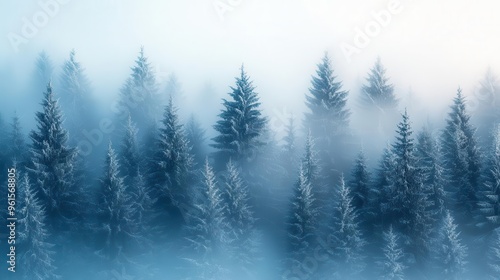 misty winter forest snowcovered evergreens shrouded in dense fog creating a serene and mysterious winter landscape soft light filters through the mist highlighting delicate frost details