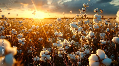Cotton field at sunset with golden sky, agricultural beauty concept