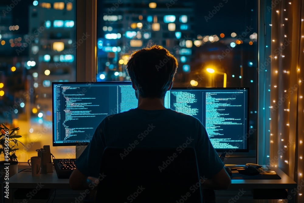 Working at a desk with a scenic city view in a modern apartment. Telecommute work from home, freelance work, working at home. Working at a desk with a scenic city view in a modern apartment. Telecommute work from home, freelance work, working at home.