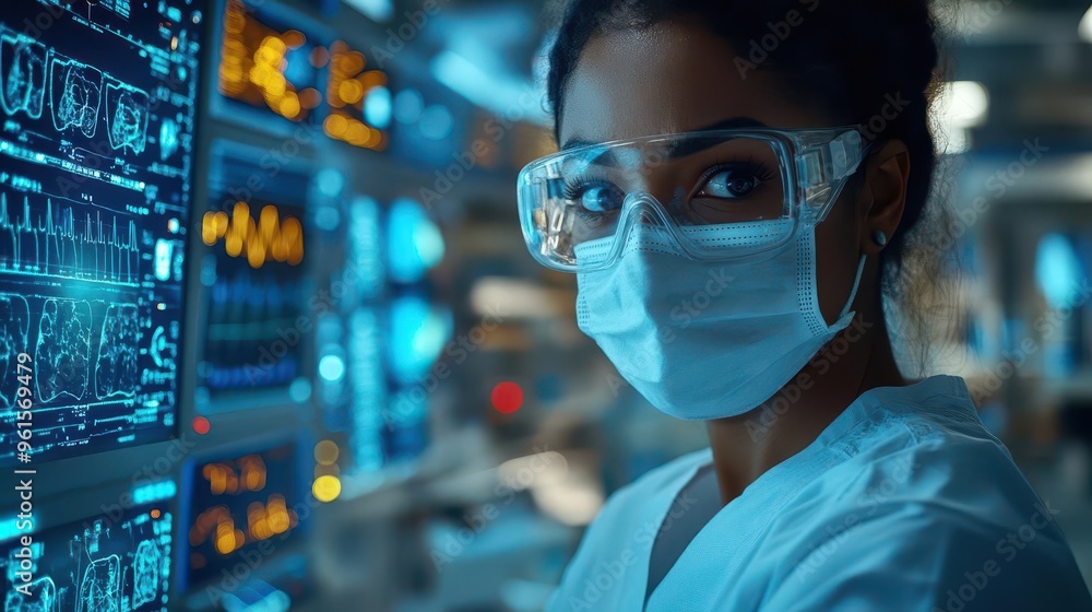modern hospital ward masked black nurse checking patient vitals holographic medical displays sterile environment modern hospital ward masked black nurse checking patient vitals holographic medical displays sterile environment
