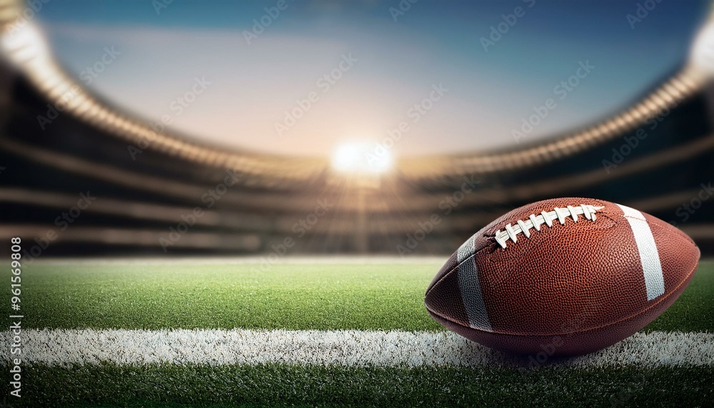 A close-up view of an American football resting on the field, with a stadium illuminated in the background, ready for the game. A close-up view of an American football resting on the field, with a stadium illuminated in the background, ready for the game.