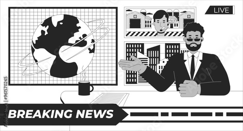 Breaking news anchor black and white line illustration. Male newscaster talking to reporter 2D character monochrome background. Journalist reporting to anchorman. Broadcasting TV outline vector image